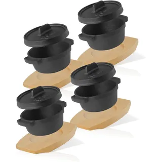 BBQ-Toro Mini Dutch Oven (4 Stück) | Ø 11 cm | Gusseisen Serviertopf mit Holzunterlage | bereits eingebrannt - preseasoned | Kochtopf kleiner Bräter Gusstopf