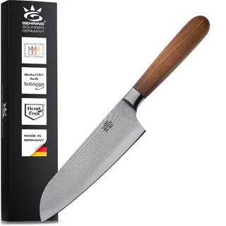 GEHRING SOLINGEN Damast Santokumesser, Scharfes Profi Küchenmesser, Made in Germany, eisgehärteter Damaststahl VG10 + ergonomischer Nussbaum - Holzgriff