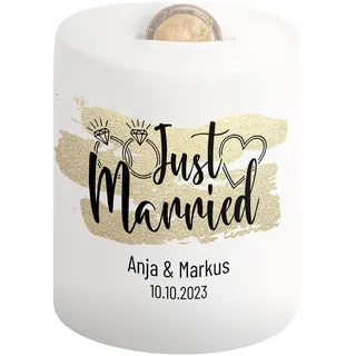 Hochzeitsgeschenke für Brautpaar personalisiert – Spardose „Just Married“ mit Namen und Datum - Verpackung Geldgeschenk Hochzeitsreise Hochzeit Geld-Geschenk - Hochzeitstag - modernes Sparschwein