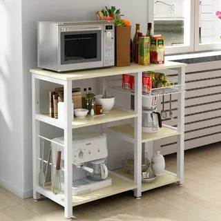 DlandHome Küchenregal Stehend Mikrowellenhalter Standregal Metall, platzsparendes Bäcker Regal mit Gestell, Drahtkorb aus Eisen, mit Haken, Regal für Küche Ahorn
