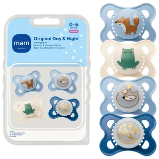 MAM Schnuller, 4er Pack Original Day & Night- Silikon, | Blau - Gr. 0-6 M
