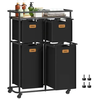 VASAGLE Wäschesammler mit Rollen, Wäschekorb 4 Fächer, 150 L, Wäschesortierer mit Ablage, Wäschewagen, abnehmbare Taschen, 6 Etiketten, Waschküche, tintenschwarz-kastanienbraun RLS100B01