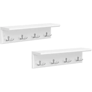 SONGMICS Wandgarderobe mit Ablage 2er Set, Flurgarderobe, Garderobe für Wand, Garderobenleiste mit 4 Doppelhaken aus Metall, für Mäntel, Taschen, für Flur, Schlafzimmer, Wohnzimmer, weiß LHR042W02