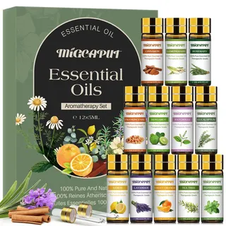 Migcaput Diffuser Ätherische Öle, 12X5ml Aroma Diffuser Öl,100% Naturrein Essential Oils, Duftöle für Diffuser Luftbefeuchter Kerzen Aromatherapie - Teebaumöl, Lavendelöl, Pfefferminzöl
