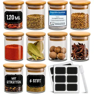 Praknu 10er Set Gewürzgläser 120ml – Gewürzdosen – Gewürzbehälter Glas Leer | Luftdicht mit Etiketten, Küchen-Organizer, spülmaschinenfest, für Gewürze, Kräuter & Tee, platzsparend