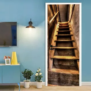 3D Türtapete Selbstklebend Türaufkleber - HÖLZERNE TREPPEN - Türfolie Poster PREMIUM PVC Wasserfest Wandtattoo Für Schlafzimmer Wohnzimmer Tür Dekoration Tapete 77 x 200 cm
