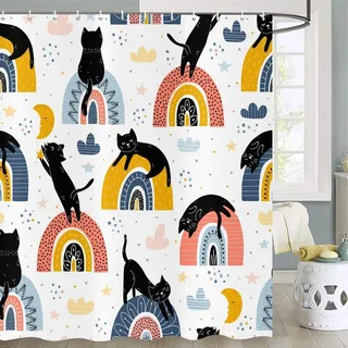 Cartoon Duschvorhang mit Katze 180 x 200 cm Wasserdicht und Waschbar - Schwarz