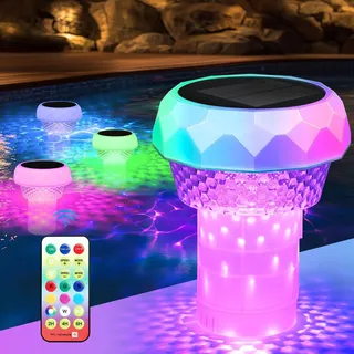 Gaethra Dosierschwimmer Pool mit LED Poolbeleuchtung Solar Schiffchen Schwimmender Chlorspender Fernbedienung Einstellbar Dosierschwimmer Pool Schwimmer für Chlortabletten Chlordosierer IP68 (1PCS)