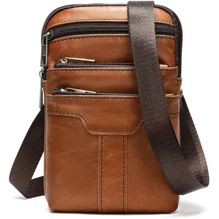Leder-Handy-Umhängetasche für Herren, Braun, 17 cm, vertikale Tasche mit mehreren Taschen, mit Karabiner und Gürtelschlaufe