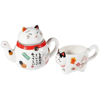 lachineuse - Japanisches Teeservice Maneki Neko – mit Teekanne & Tasse aus Porzellan – Teekanne mit Sieb – Geschenkidee Japan Katze Kawaii Süß zum Geburtstag, Weihnachten – Asiatisches Geschirr