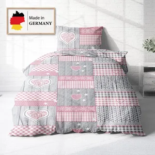 Träumschön Biber Bettwäsche Set 2tlg 135x200 cm + 80x80 cm – Flauschige Blumen Bettwäsche Rosa – Weiche Winterbettwäsche mit Herzen - Atmungsaktiv, Warm & Hautfreundlich - 100% Baumwolle