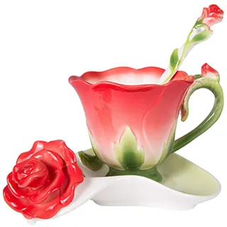 QSCTYG Espressotassen 3D-Rosen-Form-Blumen-Emaille-Keramik-Kaffee-Tee-Tasse und Untertasse Löffel Hochwertiger Porzellan-Cup Kreative Valentine Geschenk-Entwurf 29 (Color : Red)