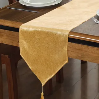 Tischläufer Gold 35 x 240 cm modern Tischdeko mit Quasten Mikroschimmernd | Tischläufer outdoor Lotuseffekt Durchsichtiger Läufer Wasserabweisend Dekoration für Küche Weihnachten Geburtstag Hochzeit