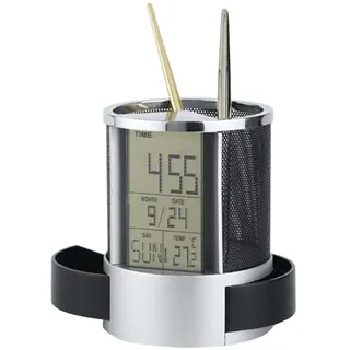 Mikikit Multifunktionaler Stiftehalter aus Metall mit Elektronischer Uhr Kalender Temperaturanzeige und Schublade Organizer für Büro und Schreibtisch