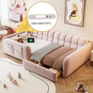 MODFU Polsterbett Schlafsofa 90x200 Stauraumbett Bettrahmen mit USB-C Nachtlicht Stauraumschublade,Kinderbett mit hohen Sicherheitsgeländern und K... - Rosa