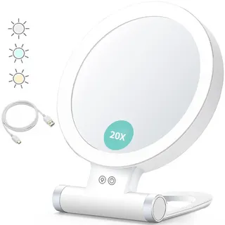Planet Vergrößerungsspiegel Mit Licht, 20x/1x, Doppelseitig, Tragbarer Kosmetikspiegel, 3-farbige Beleuchtung, Touchscreen Mit Einstellbarer Helligkeit