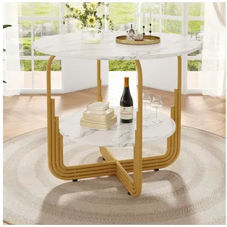 Flieks Esstisch mit Stauraum (80x76 cm, 1-St., 1 Tisch, mit verstellbaren Fußpolstern), runder Küchentisch, Tischplatte in weiße Marmoroptik, Metallbeine goldfarben