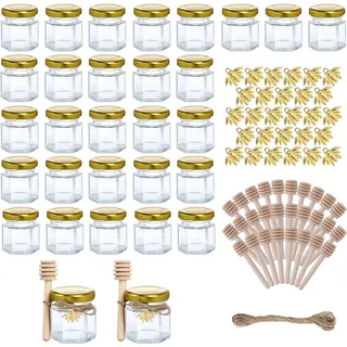 MEETOZ Mini-Honiggläser aus Glas, 42.5 ml, 30 Stück, sechseckige Honiggläser mit Holzlöffel, goldener Deckel, Bienenanhänger, Seil, 20 m Mini-Honiggläser, Duschgeschenke, Einmachgläser
