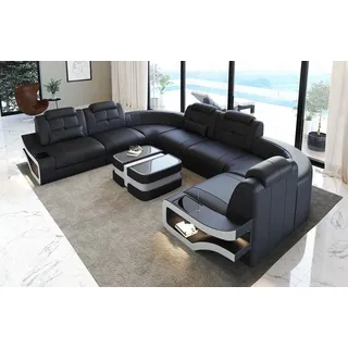 Sofa Dreams Wohnlandschaft Leder Couch Sofa Elena U Form Ledersofa, U-Form Ledersofa mit LED-Beleuchtung schwarz