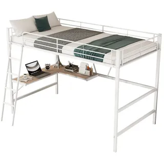 Rutaqian Hochbett Hochbett, Eisenbett mit L-förmigem Schreibtisch, 90x200cm (1-St., mit einem Regal, Ohne Matratze, Weiß) Hochbett,Bettgestell Metallbett für Kinder, Jugendliche und Erwachsene