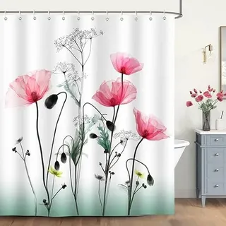 1 Stück Roter Duschvorhang Mit Blumenmuster, 180 X 200 Cm, Polyester