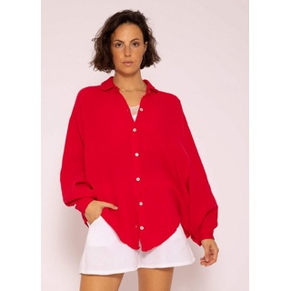 SASSYCLASSY Longbluse Oversize Musselin Bluse Damen Langarm Hemdbluse lang aus Baumwolle mit V-Ausschnitt, One Size (Gr. 36-48) rot
