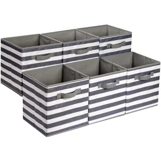 Amazon Basics zusammenklappbarer Aufbewahrungswürfel/Organizer aus Stoff mit Griffen, 33 cm x 33 cm x 33 cm, Weiß/Grau gestreift, 6 Stück