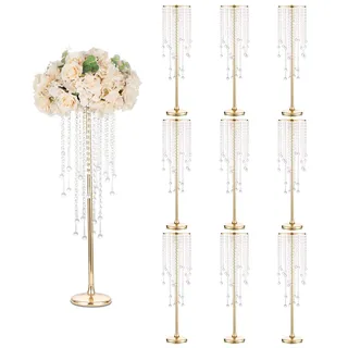 Sziqiqi Metall Blumenständer Gold 75cm: Vase Hoch für Hochzeit 10Stk | Mit Kristallperlen, Schmal Säule, Goldener Centerpiece für Hochzeit, Tischdeko Ständer für Party, Geburtstag