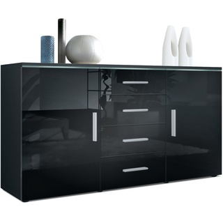 Vladon Sideboard Faro (Kommode, mit 2 Türen und 4 Schubladen), Schwarz matt/Schwarz Hochglanz (139 x 72 x 35) schwarz