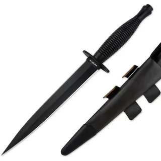 HISTORY KNIFE & TOOL Commando Dagger - schwarzer Militärdolch zweischneidig | Zweischneidiges Gürtelmesser aus rostfreiem 420-Stahl, schwarzer Alugriff, Lederscheide, für Militaria, Sammler & Reenactment