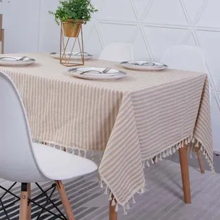 Rechteckige Tischdecke Aus Baumwoll-leinen-mischgewebe Mit Streifen Und Quasten, Waschbar, Ölabweisend, Fleckenabweisend, Pflegeleicht, Für Drinnen Und Draußen, Garten, Esszimmer Und Feierlichkeiten,