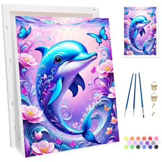 Bowetile Ostern Delfin Malen nach Zahlen für Erwachsene mit Rahmen, Landschaft Zahlenmalerei Set für Anfänger Leinwand Kit, DIY Gemälde Bastelset auf Leinwand mit Pinseln Home Decor 20x30cm