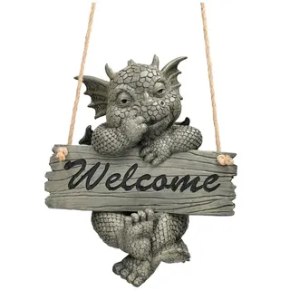 Figuren Shop GmbH Gartenfigur Gartenfigur Drache zum Hängen - Welcome - Garten Dekofigur Dekoration grau