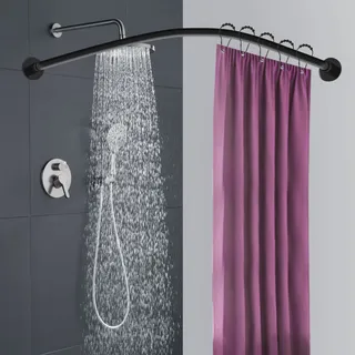 Duschvorhangstange L Form ohne Bohren, Verstellbare Duschstange Ecke, Duschstange über Eck, Stabil Duschvorhang Halterung mit 12 ringen für Badewanne/Badezimmer
