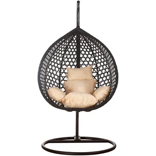 Luxus Hängesessel Style XXL Rattan Korb Gestell Schwarz mit Relaxkissen Beige