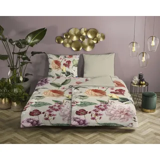 DESCANSO Fiori Blumen Baumwolle Beige 135 x 200 cm + 80 x 80 cm
