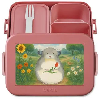 Mr. & Mrs. Panda Butterdose Chinchilla Blume Design, Bentobox, Rot Pastell, Lustige Sprüche, Kumm, Polypropylen lebensmittelecht, (Packung), Chinchillas Glücklichsein Jausenbox rot