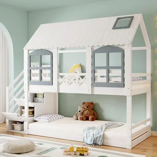 Merax Etagenbett 90x200cm, Kinderbett Hochbett für 2 Kinder, Baumhausbett mit Rausfallschutz & Lattenrost, Hausbett mit Dach & Fenster, Platzsparendes Stockbett mit Stauraumtreppe, Jugendbett, Weiß