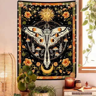 Aipon Wandteppich mit orangefarbenem Mottenmuster, Boho, Retro, Blumenmuster, ästhetischer Vintage-Pilz-Tapisserie, Schlafzimmer, indischer vertikaler Wandteppich, Wandbehang für Wohnzimmer, Wohnheim