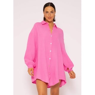 SASSYCLASSY Longbluse Oversize Musselin Bluse Damen Langarm Hemdbluse lang aus Baumwolle mit V-Ausschnitt, One Size (Gr. 36-48) rosa
