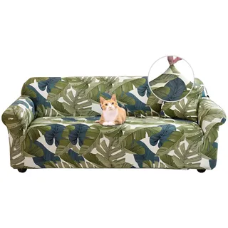 Jaotto Sofabezug 3 Sitzer Elastischer Stretch Spandex Sofa Überwürfe Sofahusse Antirutsch Waschbar Sofaschoner Couchbezug für Sofa mit Armlehne,Grüne Blätter