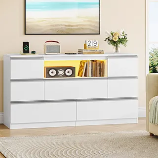 Hzuaneri 140 cm Kommode mit LED & integrierter Ladestation, 7 Schubladen | 2 AC & 2 USB, offenes Fach, moderner sideboard für Schlafzimmer, Wohn- und Esszimmer, 40 x 140 x 75 cm, Weiß DC37003WEU