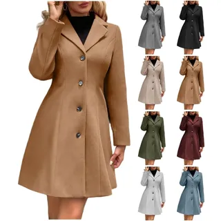 Herbstmantel Damen Elegant Umlegekragen Wollmantel Langarm Wintermantel Wollmischung Trenchcoat Mittellang Mantel A-Linie Damenmantel - XXL