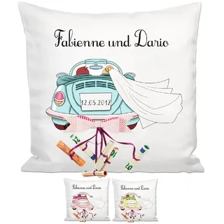 Geschenke 24 Personalisierbares Kissen als Geldgeschenk Hochzeit | Originelle Hochzeitsgeschenke für das Brautpaar | 40x40cm Hochzeitskissen mit Füllung | Motiv mit klassischem Hochzeitsauto