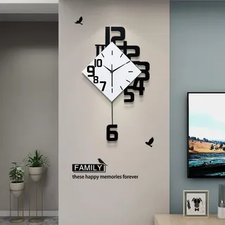 JIUJIUDA Große Moderne Wanduhr für Wohnzimmer Dekor Dekorative weiße Metall Lautlos Ausgefallene Wanduhr mit Pendel Batteriebetrieben Ohne Tickgeräusche für Küche Büro Schlafzimmer 34x63cm