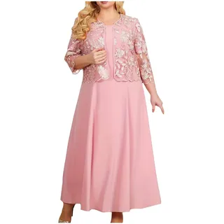 Dyhxuan Cocktailkleid Damen Kurzarm Abendkleid mit Rundhals + Spitze Kurzarm Cardigan Elegant Einfarbige Ballkleid Knielang Zweiteiler Kleider Große Größen Partykleid Abendkleider L-5XL - 3XL