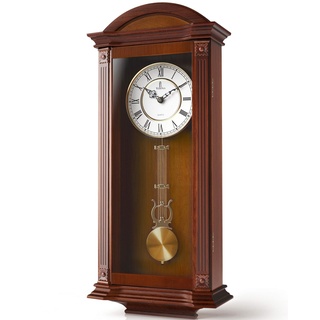 Verona Edel Holz Pendel Wanduhr mit Glas Front – Schöne und dekorative Uhr mit mittelgroß braun Finish und Glas vorne – 69,2 x 28,6 x 12,1 cm – Quarzuhrwerk, batteriebetrieben & leise