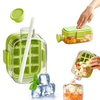 Eiswürfelflasche mit Strohhalm, 2-in-1 Silikon Eiswürfelbecher, Ein-Knopf Freisetzung, BPA-frei, für Büro, Reisen und Sport (Grün, 500ml)
