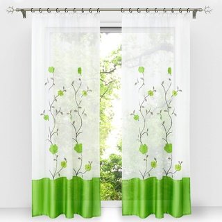 HongYa 1 Stück Voile Gardine Schal mit Kräuselband Transparenter Vorhang Bestickter Fensterschal H/B 145/140 cm Grün