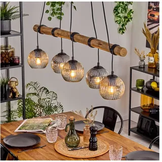 hofstein Pendelleuchte Hängelampe aus Metall/Holz/Riffelglas in Bernstein/Klar/Rauch, ohne Leuchtmittel, Hängeleuchte im Retro/Boho Design mit Glasschirmen und Holzbalken, E27 beige
